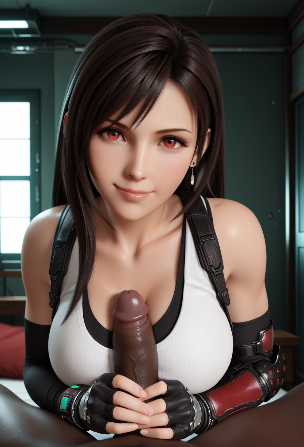 1girl, tifa lockhart, brown hair, long hair, red eyes, tank top, suspenders, fin