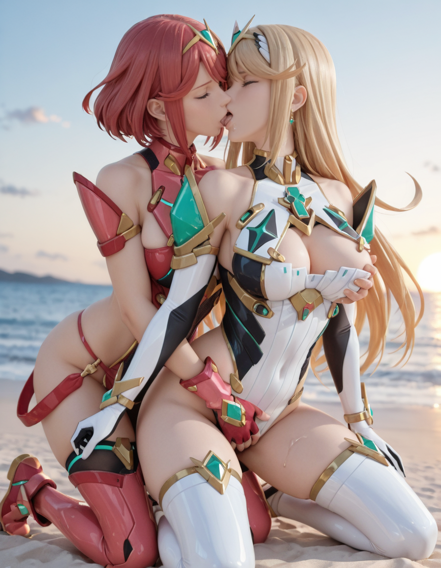 2girls, kneeling, pyra \(xenoblade\) wearing red armor, mythra \(xenoblade\) wea